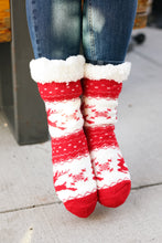 Load image into Gallery viewer, Red Holiday Reindeer Sherpa Traction Bottom Slipper Socks