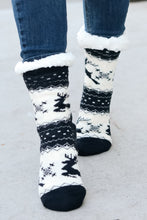 Load image into Gallery viewer, Black Reindeer Sherpa Traction Bottom Slipper Socks