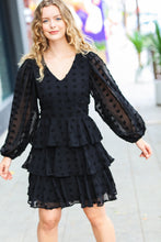 Load image into Gallery viewer, Holiday Vixen Black Chiffon Swiss Dot V Neck Tiered Ruffle Dress