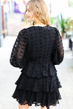 Load image into Gallery viewer, Holiday Vixen Black Chiffon Swiss Dot V Neck Tiered Ruffle Dress