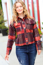 Load image into Gallery viewer, City Streets Burgundy &amp; Rust Plaid Studded Cropped Jacket