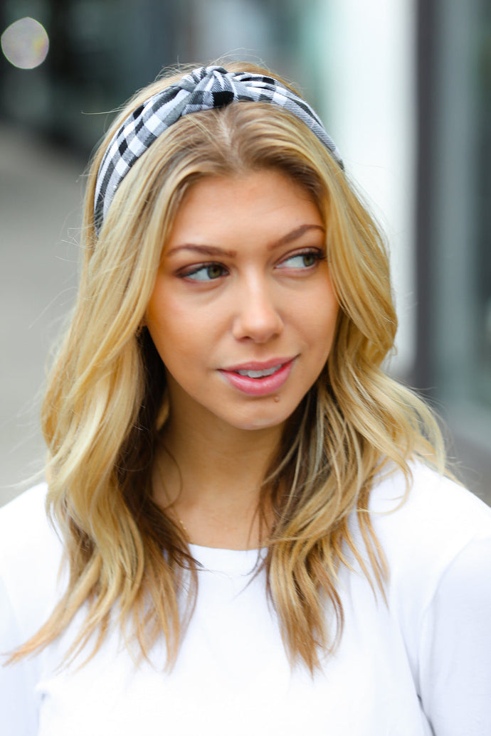 Black & White Christmas Plaid Top Knot Headband
