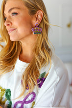 Load image into Gallery viewer, Mardi Gras Sequin &amp; Beaded Crown Dangle Earrings