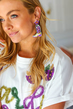 Load image into Gallery viewer, Mardi Gras Sequin &amp; Beaded Cowboy Boot Dangle Earrings