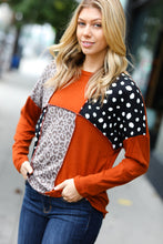 Load image into Gallery viewer, Rust &amp; Black Cashmere Feel Leopard Patch Work Dolman Top
