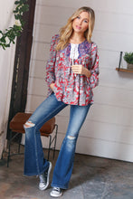 Load image into Gallery viewer, Blue/Rust Boho Eyelet Lace Up Babydoll Blouse