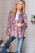 Load image into Gallery viewer, Blue/Rust Boho Eyelet Lace Up Babydoll Blouse