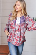 Load image into Gallery viewer, Blue/Rust Boho Eyelet Lace Up Babydoll Blouse