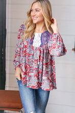 Load image into Gallery viewer, Blue/Rust Boho Eyelet Lace Up Babydoll Blouse