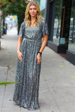 Load image into Gallery viewer, Black Silver Sequin Flutter Sleeve Side Slit Maxi Dress