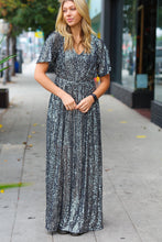 Load image into Gallery viewer, Black Silver Sequin Flutter Sleeve Side Slit Maxi Dress