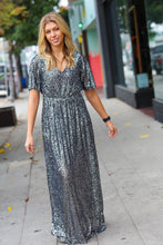 Load image into Gallery viewer, Black Silver Sequin Flutter Sleeve Side Slit Maxi Dress
