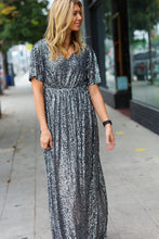 Load image into Gallery viewer, Black Silver Sequin Flutter Sleeve Side Slit Maxi Dress