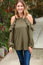 Load image into Gallery viewer, Hunter Green Halter Cold Shoulder Ruffle Woven Top