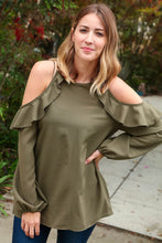 Load image into Gallery viewer, Hunter Green Halter Cold Shoulder Ruffle Woven Top