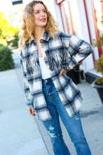 Load image into Gallery viewer, Take The Leap Navy Plaid Fringe Button Down Shacket