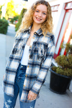 Load image into Gallery viewer, Take The Leap Navy Plaid Fringe Button Down Shacket