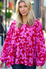 Load image into Gallery viewer, Red &amp; Magenta Floral V Neck Woven Babydoll Top