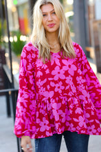 Load image into Gallery viewer, Red &amp; Magenta Floral V Neck Woven Babydoll Top