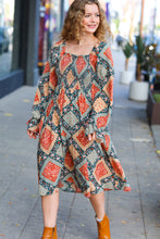 Load image into Gallery viewer, Join Me Later Rust/Teal Boho Smocked Woven Midi Dress