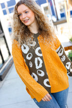 Load image into Gallery viewer, Call On Me Mustard &amp; Olive Animal Print Cable Color Block Sweater