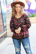 Load image into Gallery viewer, Take The Leap Black &amp; Mauve Border Print Boho Tie Top