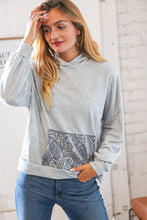 Load image into Gallery viewer, Grey Cotton Terry Paisley Sash Tie Back Hoodie