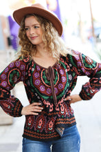 Load image into Gallery viewer, Take The Leap Black &amp; Mauve Border Print Boho Tie Top