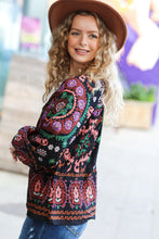 Load image into Gallery viewer, Take The Leap Black &amp; Mauve Border Print Boho Tie Top
