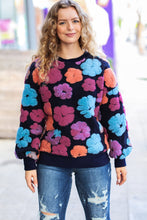 Load image into Gallery viewer, Feeling Joyful Navy &amp; Fuchsia Embroidered Sherpa Flower Pullover