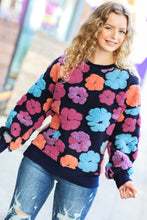 Load image into Gallery viewer, Feeling Joyful Navy &amp; Fuchsia Embroidered Sherpa Flower Pullover