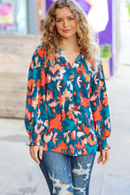 Load image into Gallery viewer, All I Ask Teal Floral Abstract Print V Neck Smocked Top