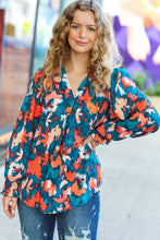 Load image into Gallery viewer, All I Ask Teal Floral Abstract Print V Neck Smocked Top