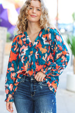 Load image into Gallery viewer, All I Ask Teal Floral Abstract Print V Neck Smocked Top