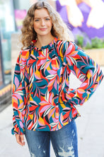 Load image into Gallery viewer, Weekend Vibes Teal &amp; Rust Abstract Print Frill Neck Top