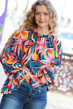 Load image into Gallery viewer, Weekend Vibes Teal &amp; Rust Abstract Print Frill Neck Top