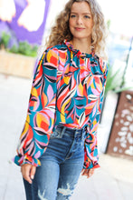 Load image into Gallery viewer, Weekend Vibes Teal &amp; Rust Abstract Print Frill Neck Top