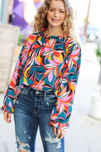 Weekend Vibes Teal & Rust Abstract Print Frill Neck Top