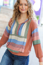 Load image into Gallery viewer, Feeling Vintage Rust &amp; Blue Stripe Textured Notched Hoodie