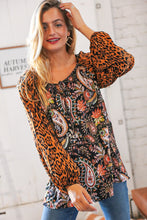 Load image into Gallery viewer, Boho Paisley Leopard Print Front Tie Woven Blouse