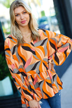 Load image into Gallery viewer, In My Thoughts Rust Abstract V Neck Peplum Top