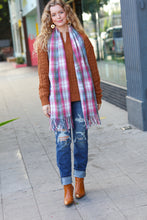 Load image into Gallery viewer, Keep Me Cozy Blue &amp; Light Burgundy Plaid Fringe Scarf