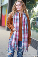 Load image into Gallery viewer, Keep Me Cozy Blue &amp; Light Burgundy Plaid Fringe Scarf