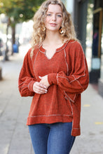 Load image into Gallery viewer, The Slouchy Rust Two Tone Knit Notched Raglan Top