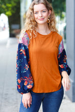 Load image into Gallery viewer, On Your Way Rust &amp; Navy Floral Textured Hacci Top