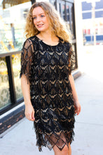 Load image into Gallery viewer, Feeling The Love Black &amp; Gold Diamond Pattern Sequin Fringe Dress
