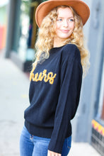 Load image into Gallery viewer, Take Note Black Embroidery &quot;Cheers&quot; Oversized Knit Top