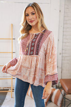 Load image into Gallery viewer, Berry Ethnic Floral Front Beaded Tie Peasant Woven Blouse