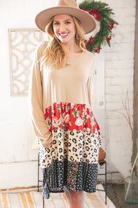 Taupe Floral & Leopard Print Tiered Pocketed Mid Dress