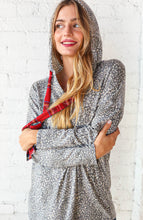 Load image into Gallery viewer, Grey Leopard Print &amp; Plaid Drawstring Hoodie